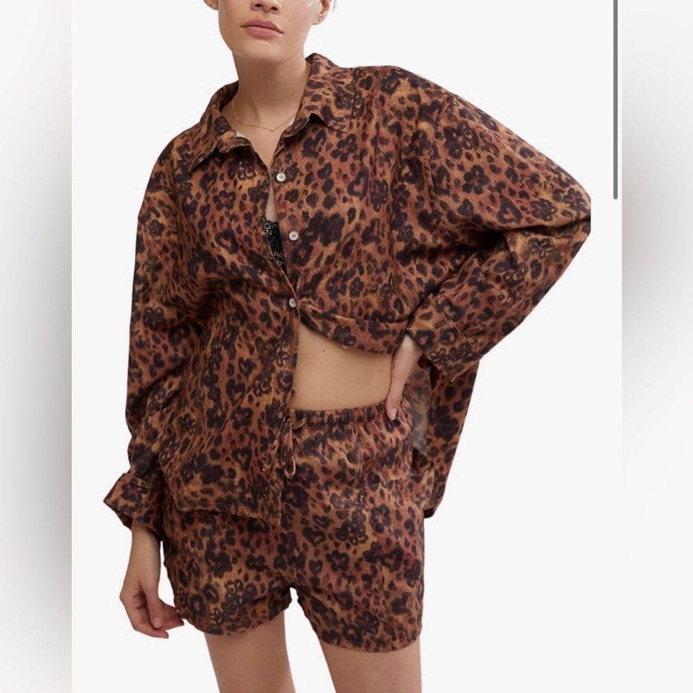 BNWT Free People Leopard Print Pajama Set - Brown and Black
